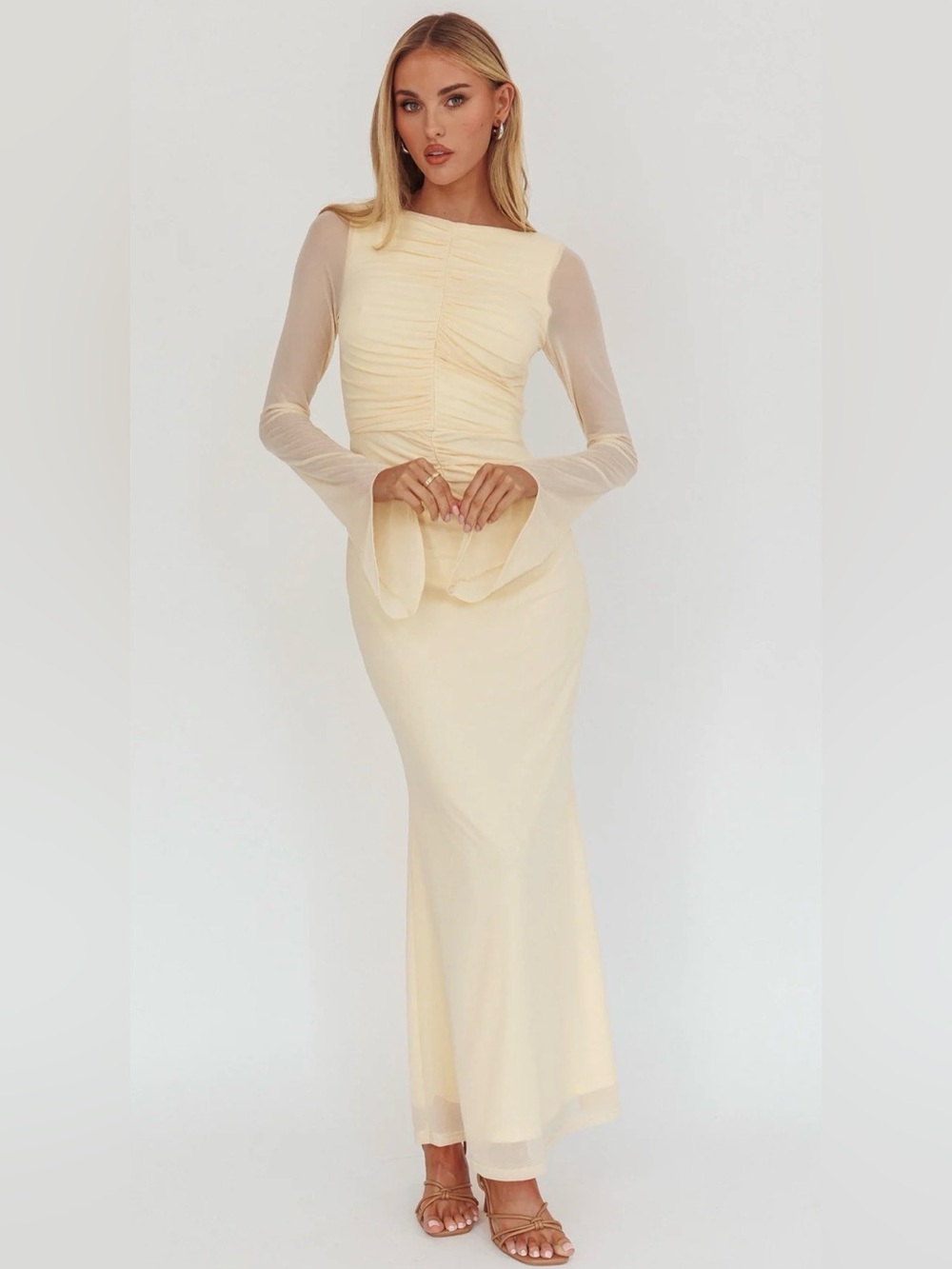 New w Tags Saints & Secrets Long Sleeve Mesh Rouched Bodice Maxi Dress Size XL